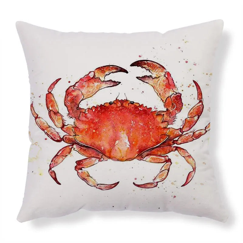Linen cushion cover with detailed sea turtle pattern, showing invisible zipper closure.