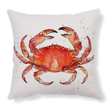 Linen cushion cover with detailed sea turtle pattern, showing invisible zipper closure.