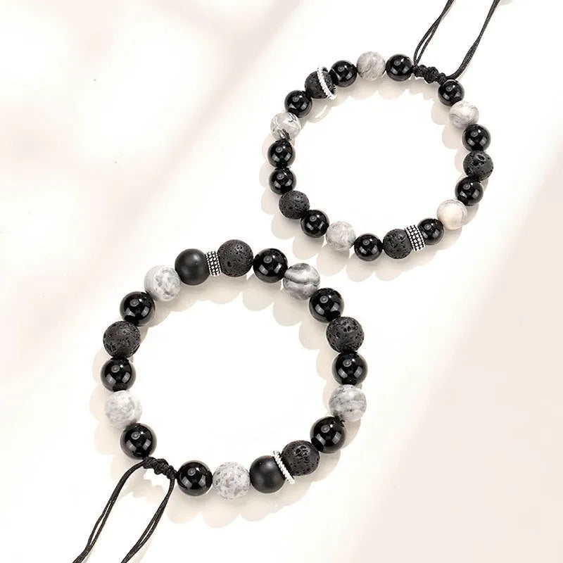 New Chinese Style black agate map stone volcanic rock bracelet with diamond-shaped stones for men and women.