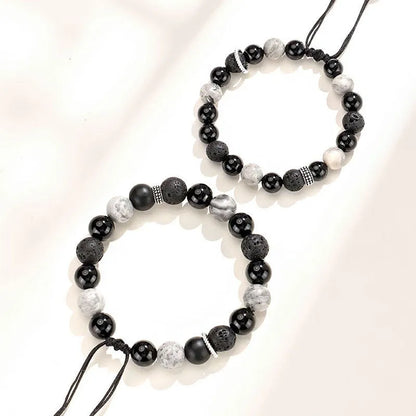 New Chinese Style black agate map stone volcanic rock bracelet with diamond-shaped stones for men and women.