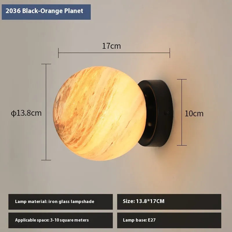 Planet bedside lamp with wrought iron body, glass shade, E27 holder, black or copper finish
