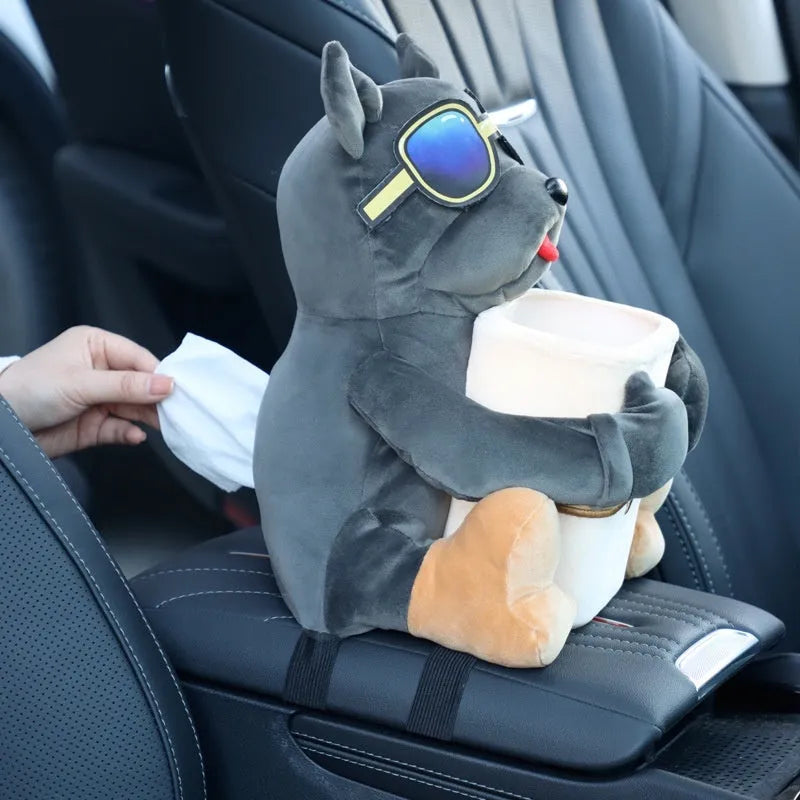 Plush fabric car tissue box organiser hanging from car armrest with flip-top design