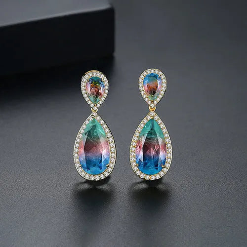 Copper inlaid synthetic gemstone drop earrings in blue, pink and yellow, fashion OL style