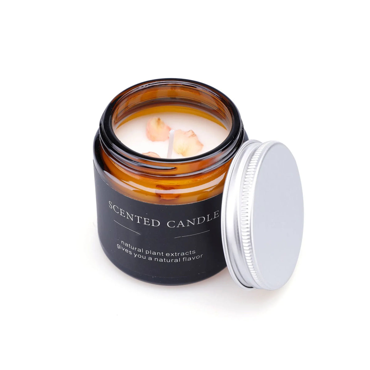 Brown glass bottle containing a hand-poured scented candle with a choice of sunny rose, lavender thyme, or bayberry fragrance.