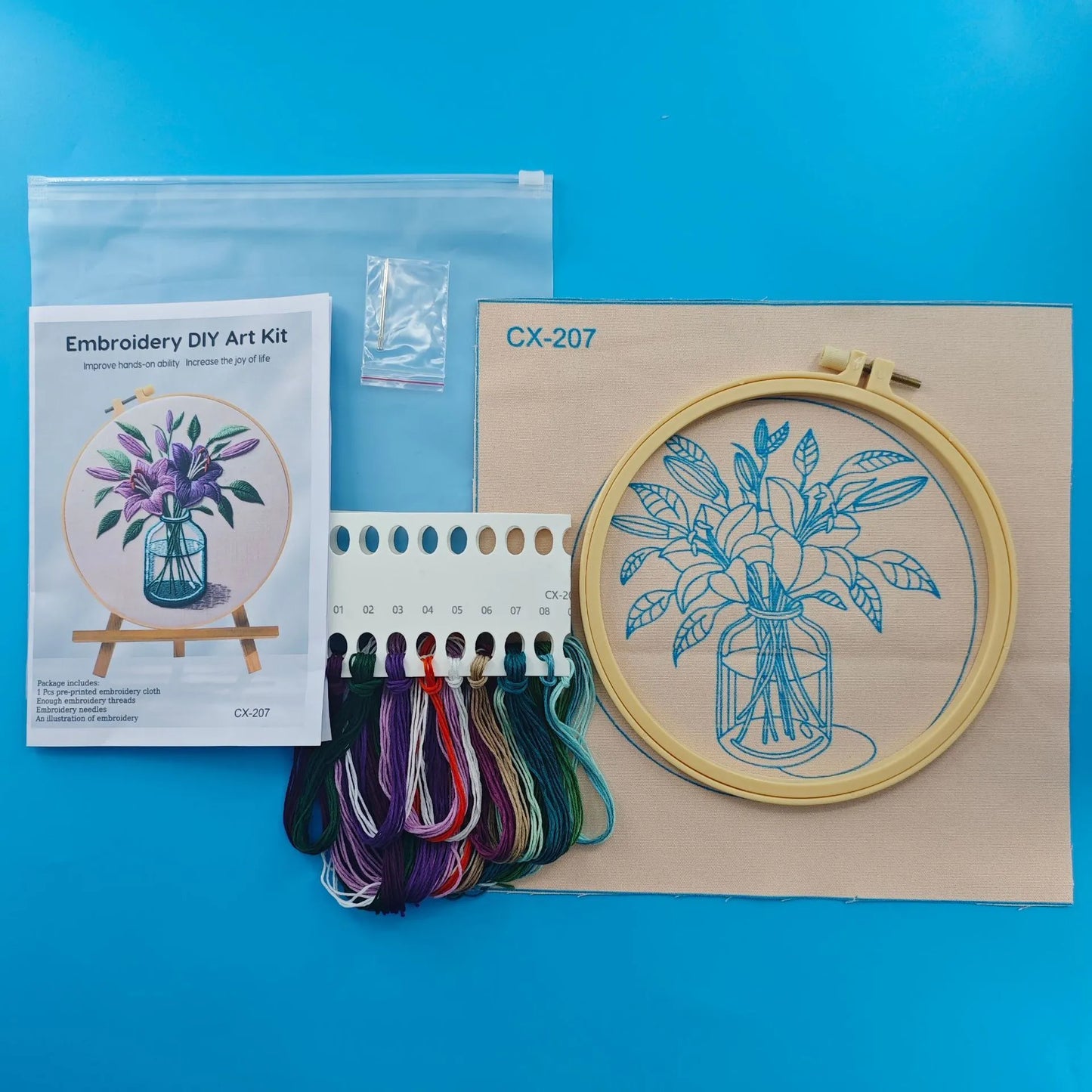 Purple lily flower embroidery kit with 28cm square cotton-linen fabric and bamboo hoop frame