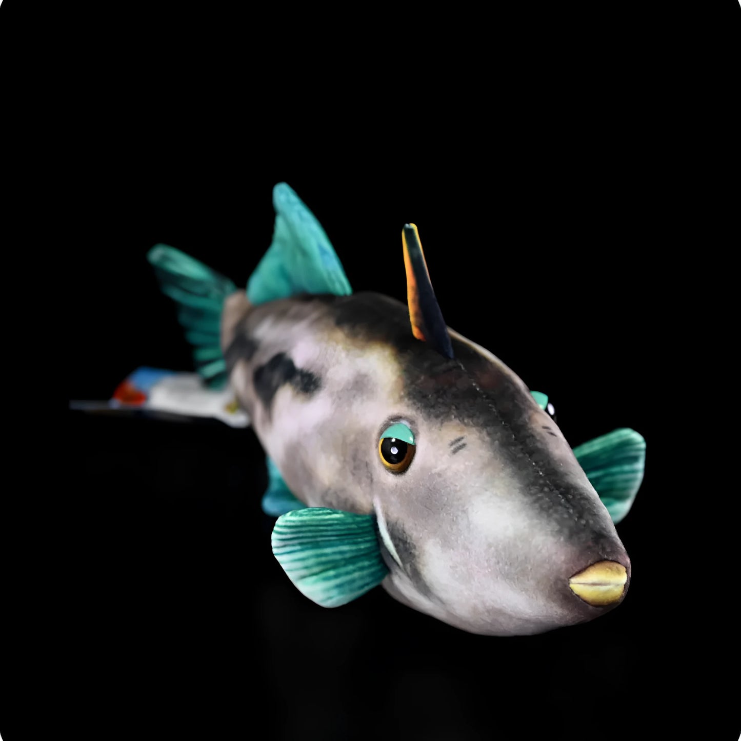 Green fin pufferfish plush toy doll measuring 42cm tall on a white background.