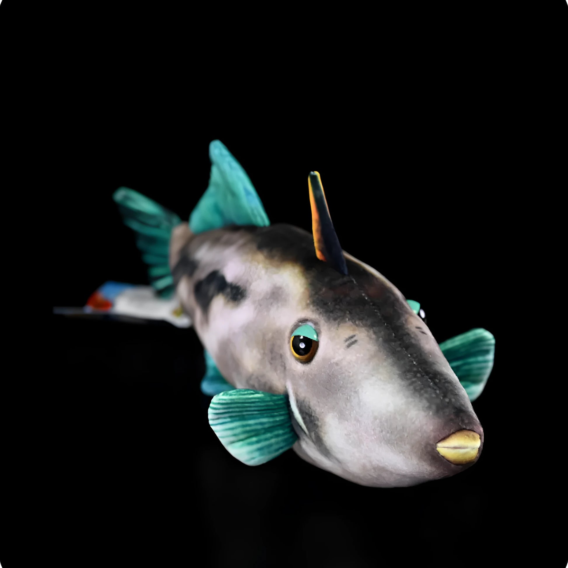 Green fin pufferfish plush toy doll measuring 42cm tall on a white background.