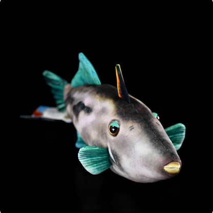 Green fin pufferfish plush toy doll measuring 42cm tall on a white background.