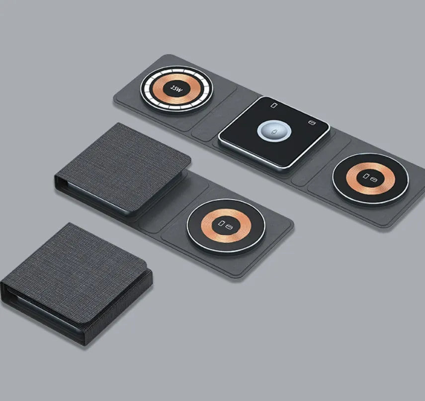 Transparent acrylic Magsafe magnetic wireless charging stand with black accents for three-device charging