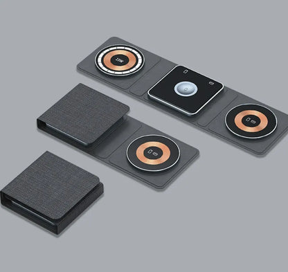 Transparent acrylic Magsafe magnetic wireless charging stand with black accents for three-device charging