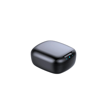 Black and white TWS Bluetooth 5.1 headphones with charging case showing wireless in-ear design