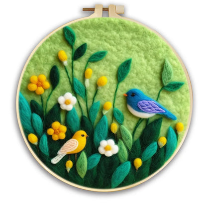 Round three-dimensional embroidery kit with linen fabric, wool felt pieces, and embroidery frame for 20x20 cm blanket painting