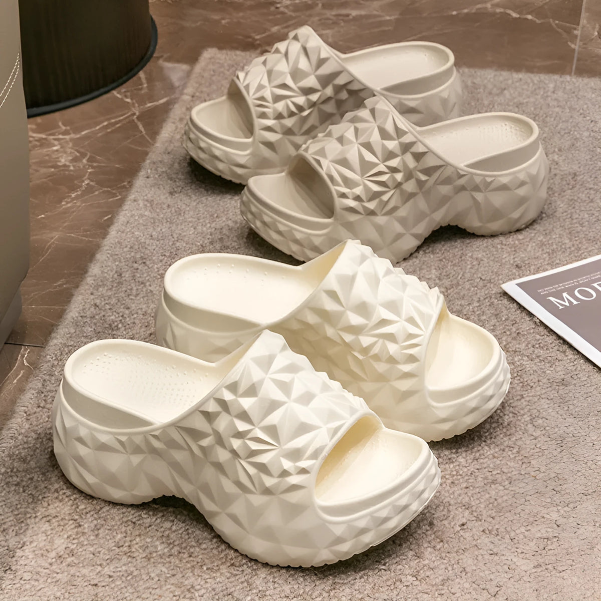 High heel EVA flip flop slippers with thick sole in khaki, black or white colours