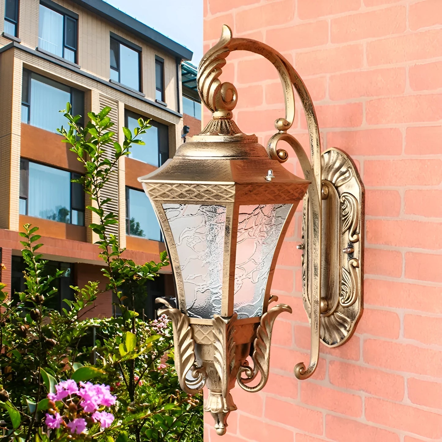 Black European-style solar outdoor wall lamp with remote control on a brick wall.