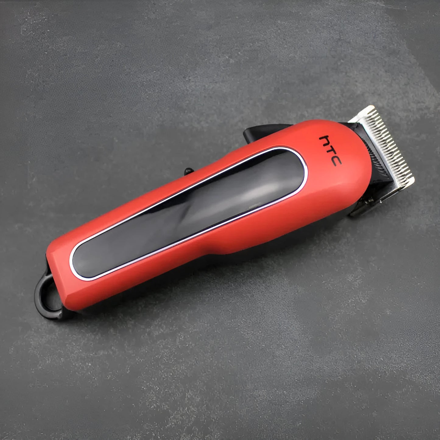 Professional digital electric hair clipper with brushless motor, charger, combs, and cleaning kit in black, red, and white colours.