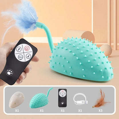 Remote control USB rechargeable silicone mouse cat toy with hanging feathers in cyan colour