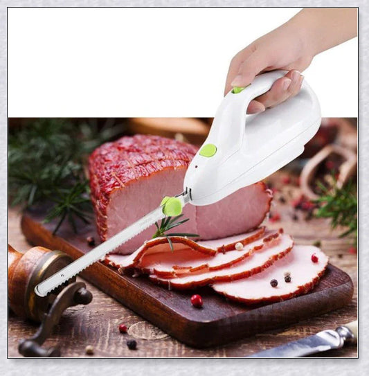 Stainless steel electric knife with sharp blades for carving meat, slicing bread, and cutting through bone
