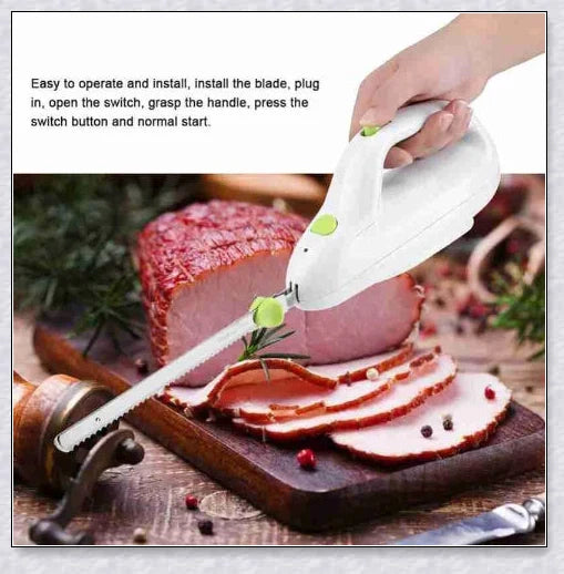 Stainless steel electric knife with sharp blades for carving meat, slicing bread, and cutting through bone