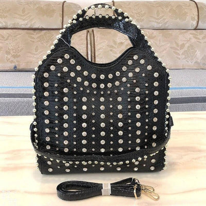 Fashionable diamond-studded messenger bag with shimmering PU leather surface, versatile carrying options, and practical organisational features