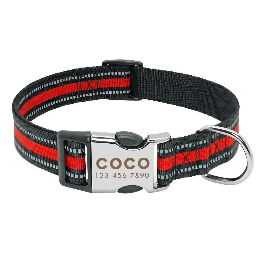 A premium dog collar made of nylon with reflective stripes for enhanced visibility and safety