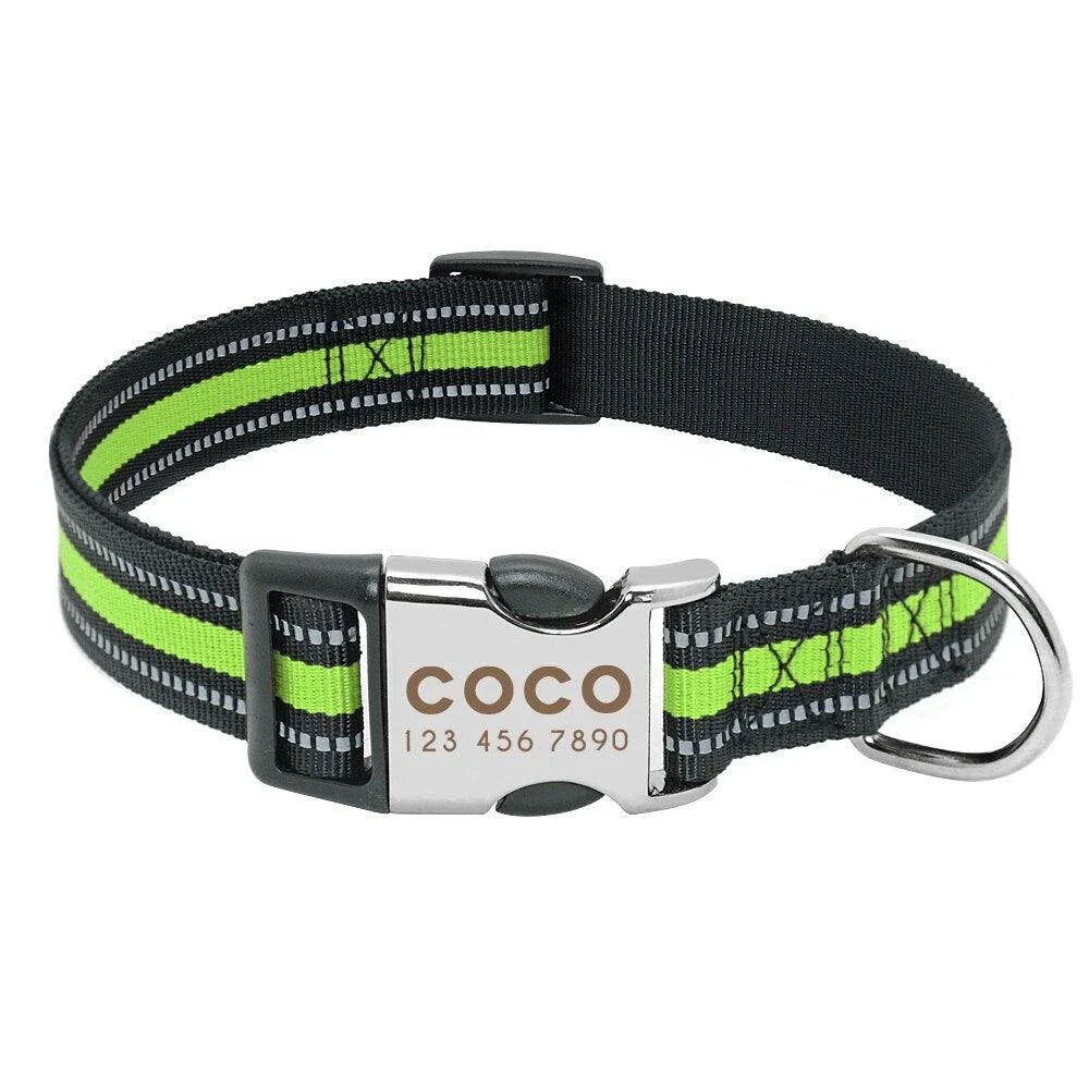 A premium dog collar made of nylon with reflective stripes for enhanced visibility and safety