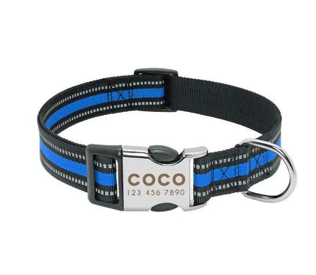 A premium dog collar made of nylon with reflective stripes for enhanced visibility and safety