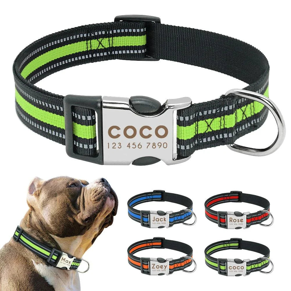 A premium dog collar made of nylon with reflective stripes for enhanced visibility and safety