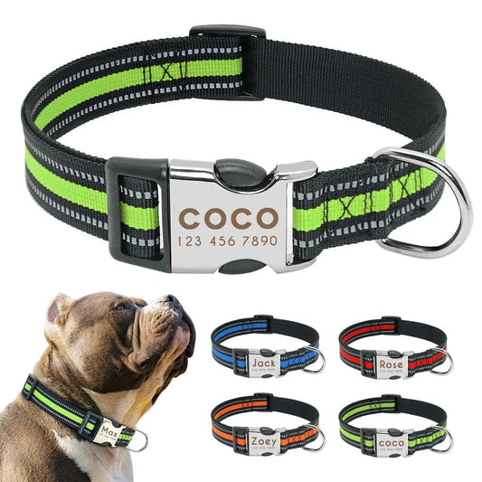 A premium dog collar made of nylon with reflective stripes for enhanced visibility and safety