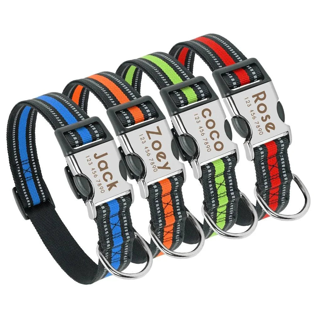 A premium dog collar made of nylon with reflective stripes for enhanced visibility and safety