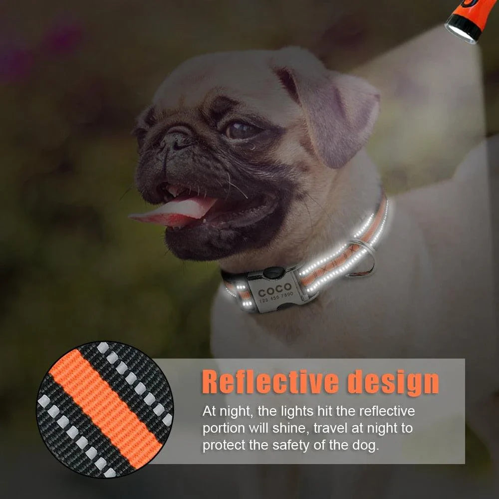A premium dog collar made of nylon with reflective stripes for enhanced visibility and safety