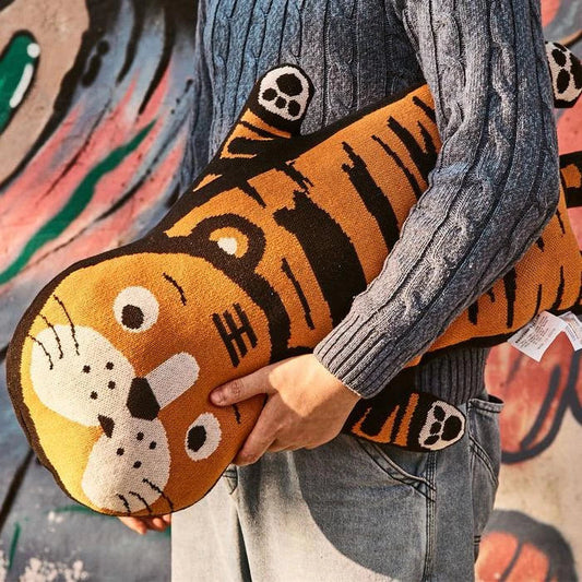 Adorable Kawaii tiger-themed knitted cushion with a soft, plush design and memory foam filling