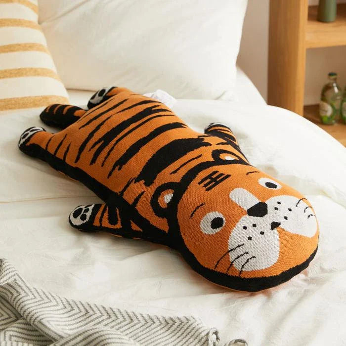 Adorable Kawaii tiger-themed knitted cushion with a soft, plush design and memory foam filling