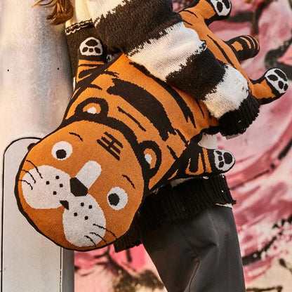Adorable Kawaii tiger-themed knitted cushion with a soft, plush design and memory foam filling