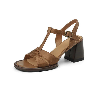 Genuine leather gladiator-style summer sandals with chunky heel and open-toe design