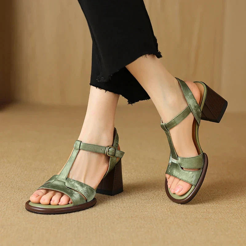 Genuine leather gladiator-style summer sandals with chunky heel and open-toe design