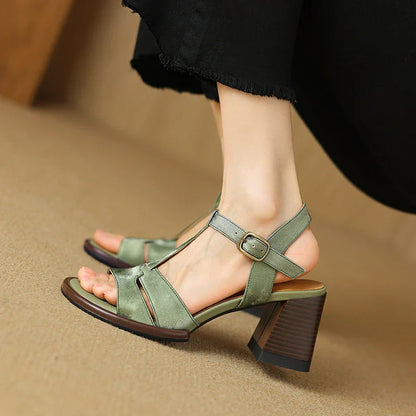 Genuine leather gladiator-style summer sandals with chunky heel and open-toe design