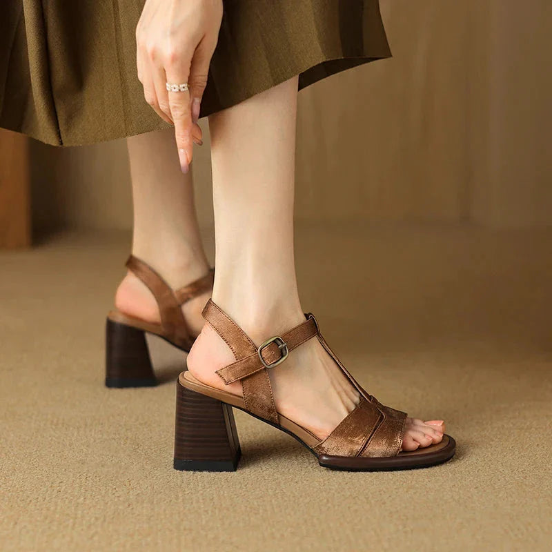 Genuine leather gladiator-style summer sandals with chunky heel and open-toe design