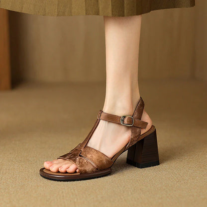 Genuine leather gladiator-style summer sandals with chunky heel and open-toe design