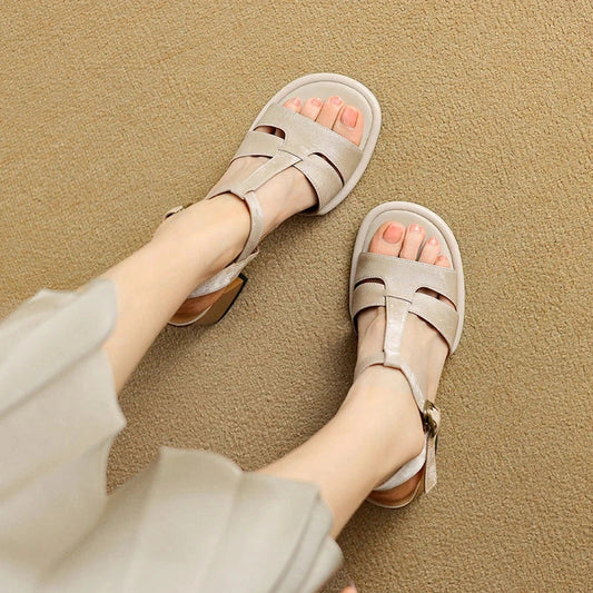 Genuine leather gladiator-style summer sandals with chunky heel and open-toe design