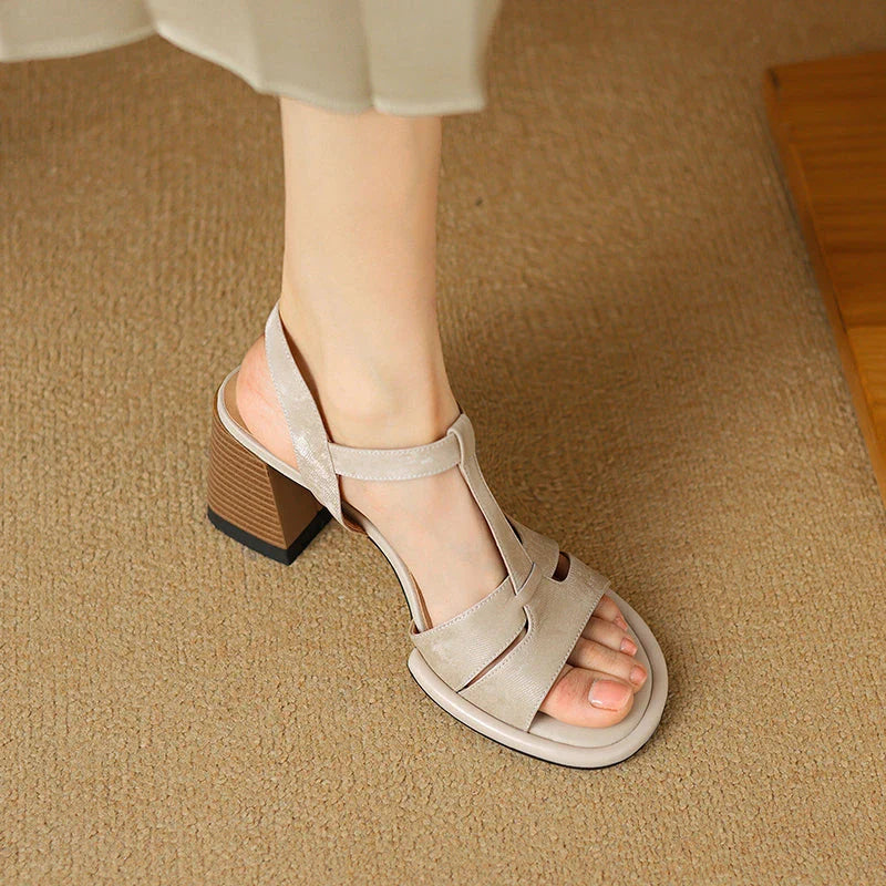 Genuine leather gladiator-style summer sandals with chunky heel and open-toe design