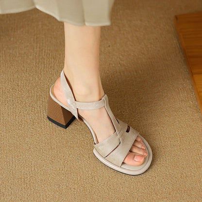 Genuine leather gladiator-style summer sandals with chunky heel and open-toe design
