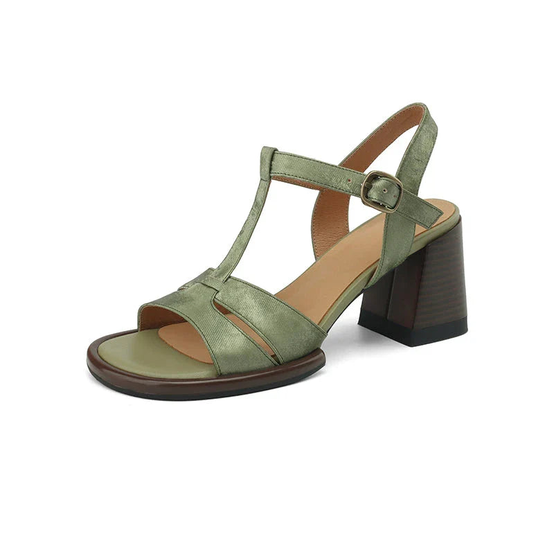 Genuine leather gladiator-style summer sandals with chunky heel and open-toe design