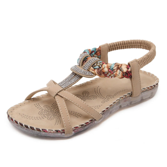 Low-top toe sandals with two-layer leather upper, raw rubber sole, and rhinestone detailing