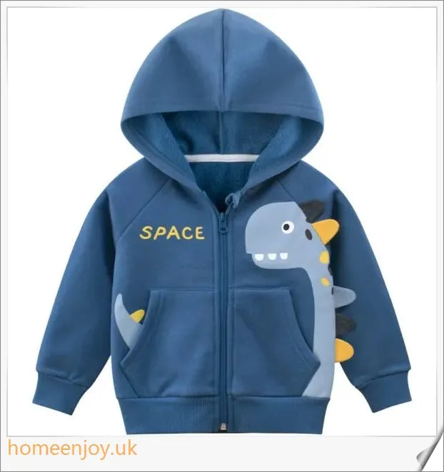 A hooded jumper for young boys featuring a colourful dinosaur motif, made with soft, durable cotton fabric.