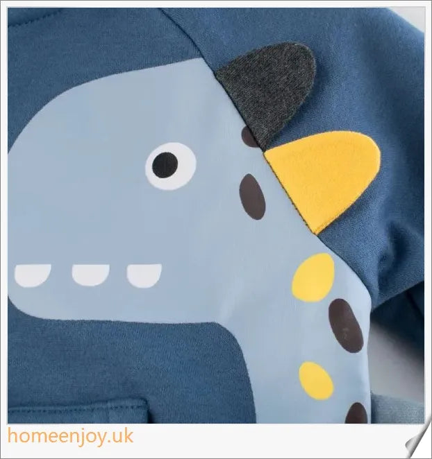 A hooded jumper for young boys featuring a colourful dinosaur motif, made with soft, durable cotton fabric.