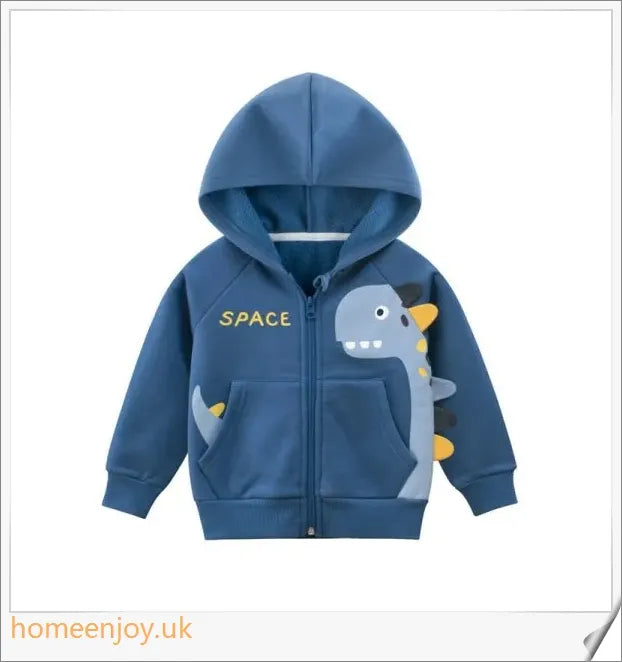 A hooded jumper for young boys featuring a colourful dinosaur motif, made with soft, durable cotton fabric.