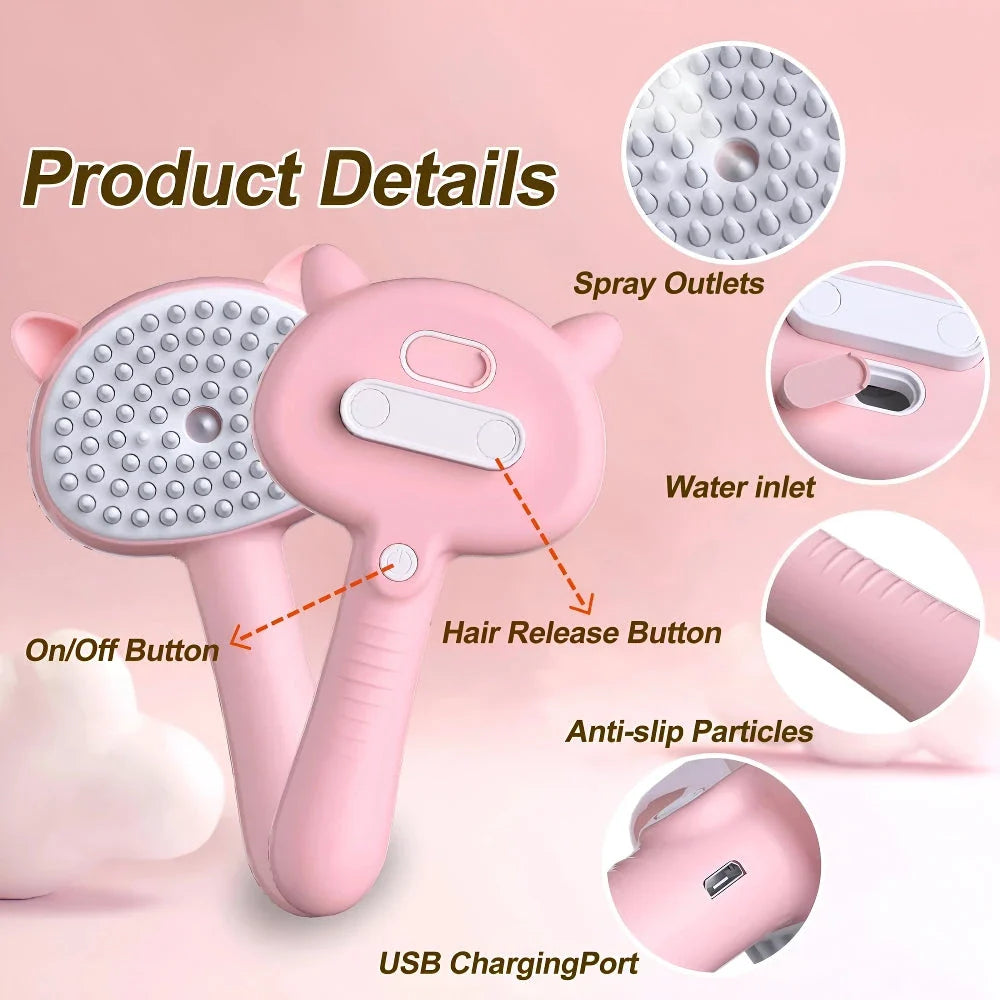 3-in-1 pet grooming electric steamer brush with massage and hair removal comb