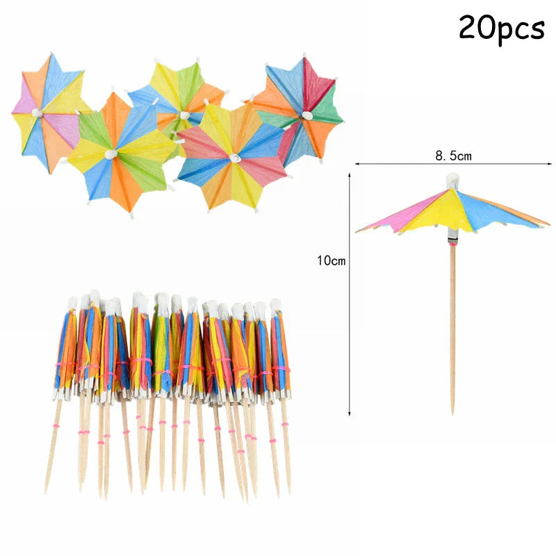 Colourful paper umbrella cake toppers in various patterns, including cartoon animals, flowers, and food items.