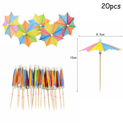 Colourful paper umbrella cake toppers in various patterns, including cartoon animals, flowers, and food items.