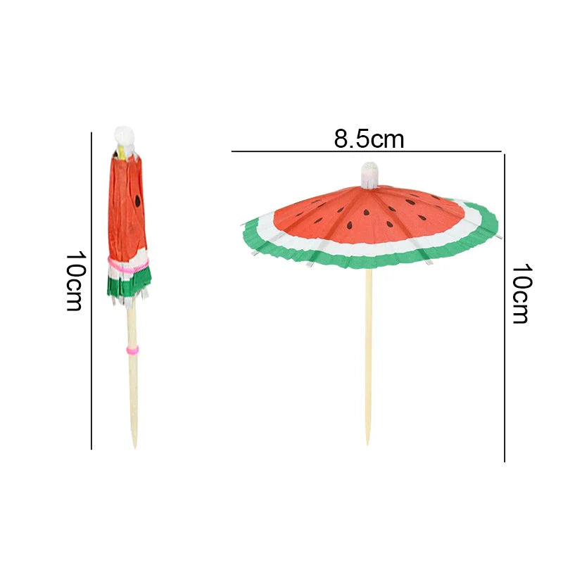 Colourful paper umbrella cake toppers in various patterns, including cartoon animals, flowers, and food items.